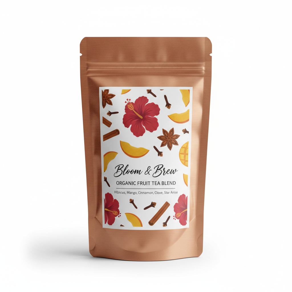 Organic Fruit Tea Blend hibiscus mango cinnamon in Bloom & Brew branded foil pouch
