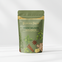 Midday Balance herbal tea blend in Bloom & Brew branded foil pouch