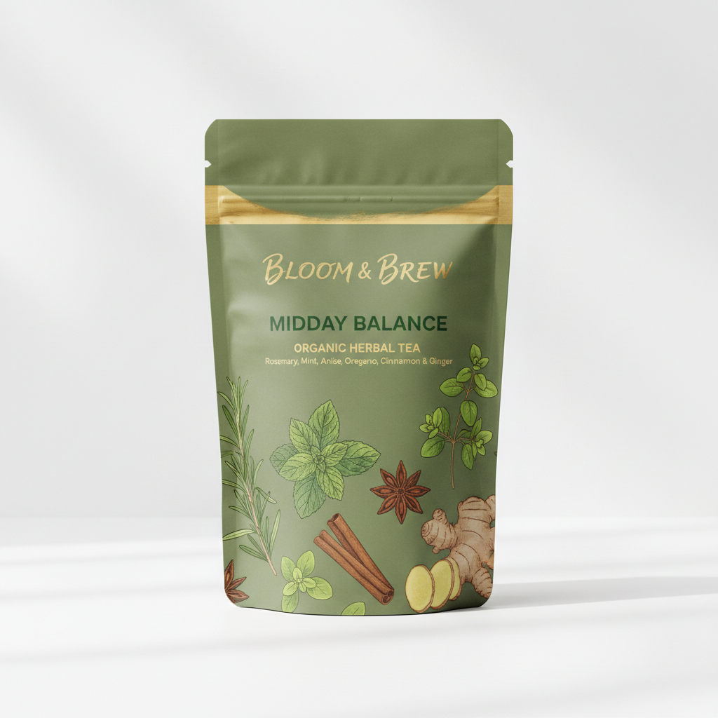 Midday Balance herbal tea blend in Bloom & Brew branded foil pouch
