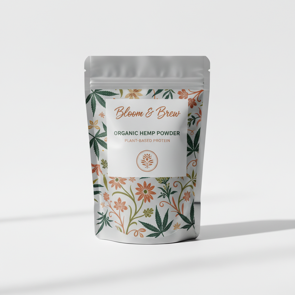 Organic Hemp Powder plant-based protein in Bloom & Brew branded foil pouch