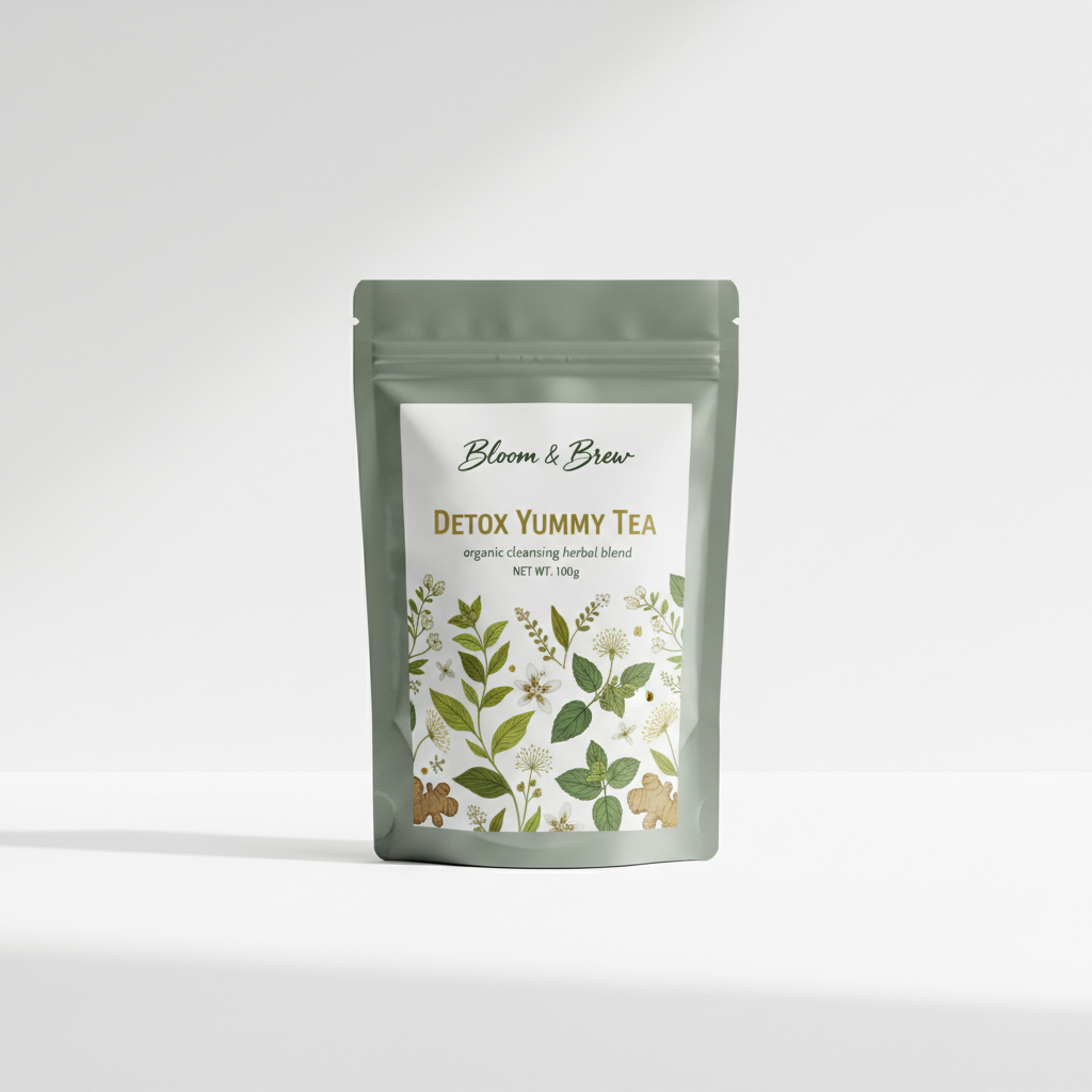 Detox Yummy Tea organic cleansing herbal blend in Bloom & Brew branded foil pouch