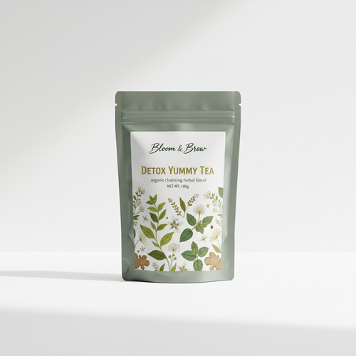 Detox Yummy Tea organic cleansing herbal blend in Bloom & Brew branded foil pouch