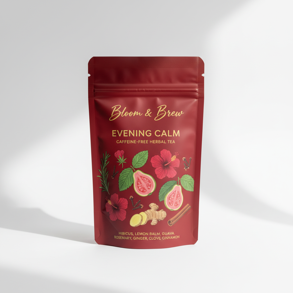 Evening Calm caffeine-free herbal tea in Bloom & Brew branded foil pouch