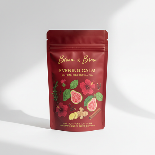 Evening Calm caffeine-free herbal tea in Bloom & Brew branded foil pouch