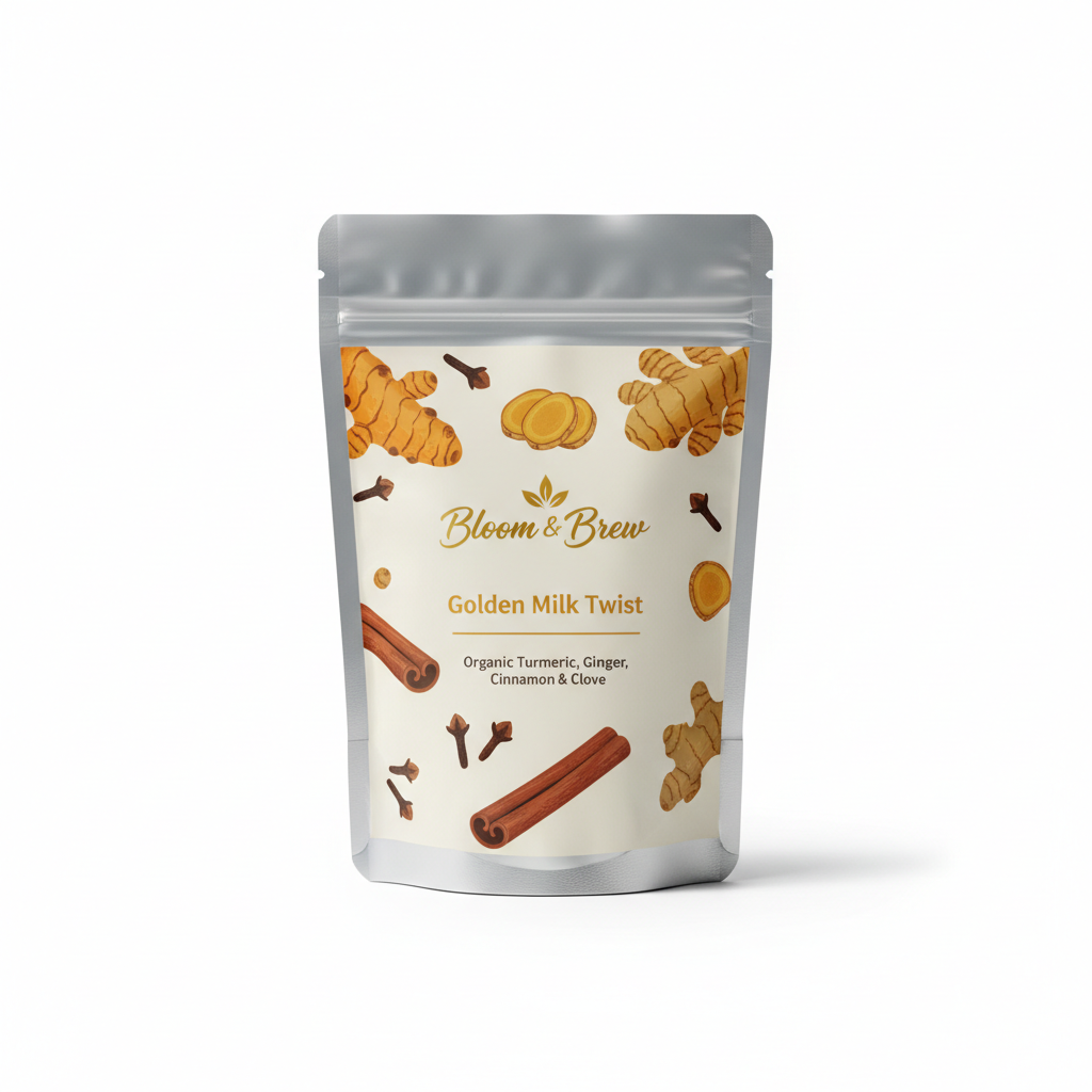 Golden Milk Twist organic turmeric ginger cinnamon latte blend in Bloom & Brew branded foil pouch