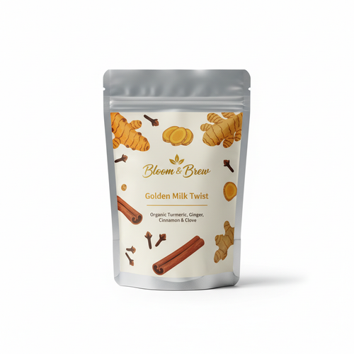 Golden Milk Twist organic turmeric ginger cinnamon latte blend in Bloom & Brew branded foil pouch